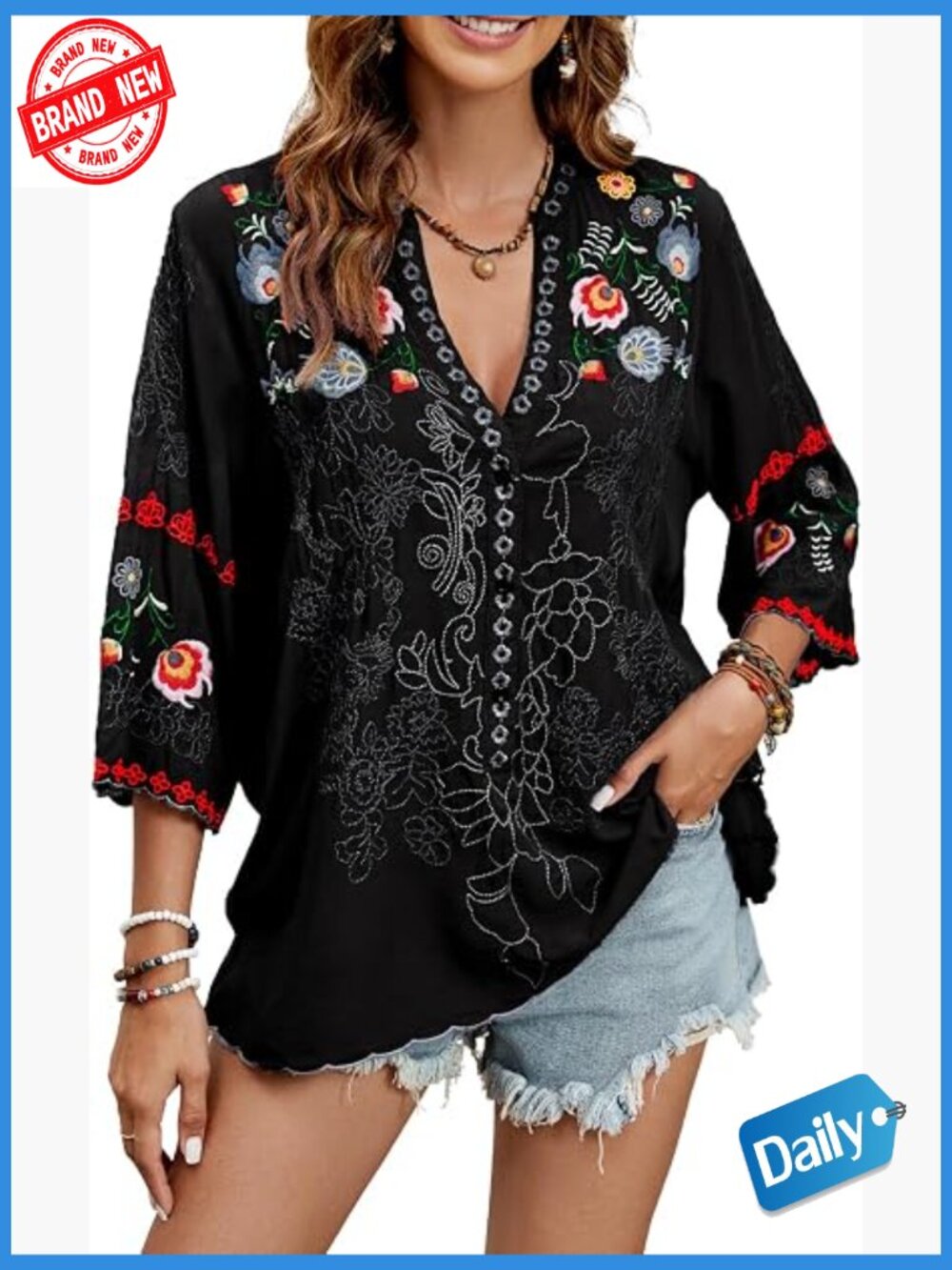 Embroidered Peasant Tunic 3/4 Sleeve V Neck Boho Blouse Women's